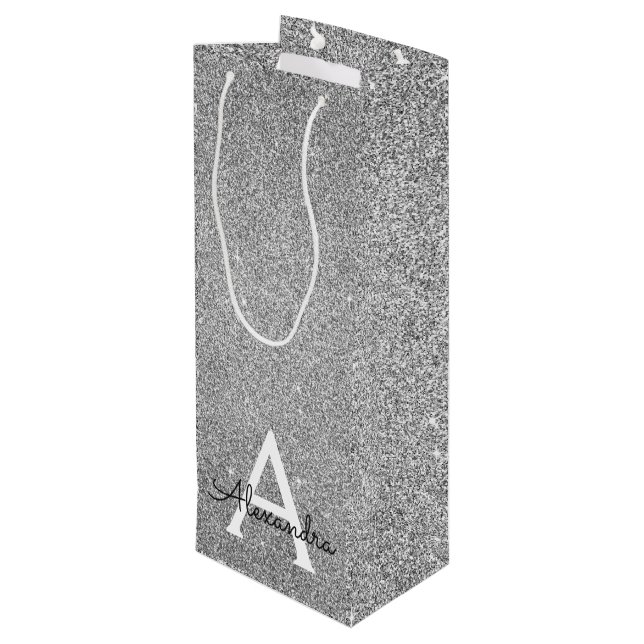 Silver 25th Birthday Glitter & Sparkle Monogram Wine Gift Bag (Back Angled)