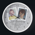 Silver 25th Wedding Anniversary 2 Photos Clock<br><div class="desc">Personalise with your 2 favourite photos and your special twenty-five years silver anniversary information in chic lettering on a silver love hearts confetti background. Designed by Thisisnotme©</div>