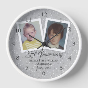 Silver 25th Wedding Anniversary 2 Photos Clock