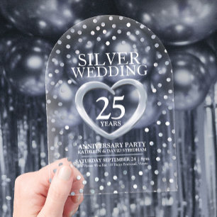 Silver 25th wedding anniversary heart  acrylic invitations