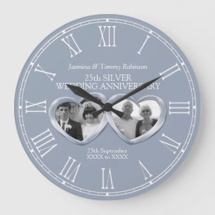 Silver 25th wedding anniversary past present photo large clock