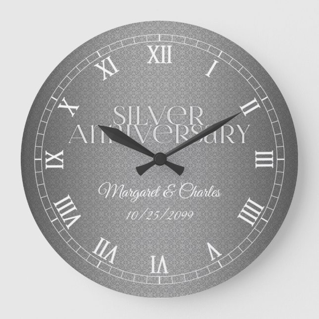 Silver 25th Wedding Anniversary with Name and Year Large Clock (Front)
