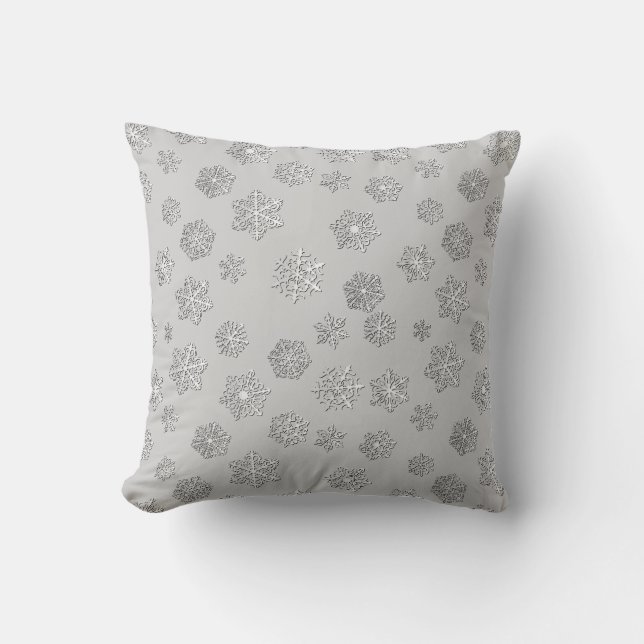 Silver 3-d snowflakes on a silver grey background cushion (Front)