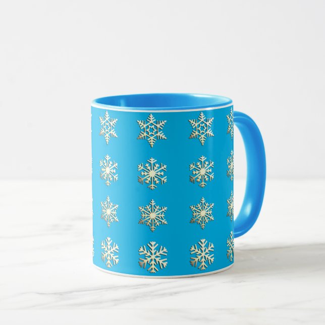 Silver 3-d snowflakes on Turquoise Blue  Mug (Front Right)