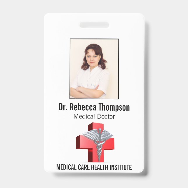 Silver 3D Caduceus Cross Red Medical Photo ID Badge (Front)