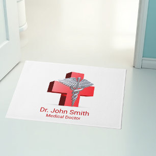 Silver 3D Medical Caduceus Cross Red Doormat