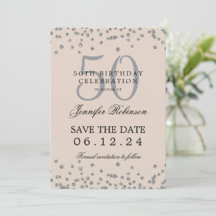 Silver 50 Birthday Save Date Confetti Champagne Invitation