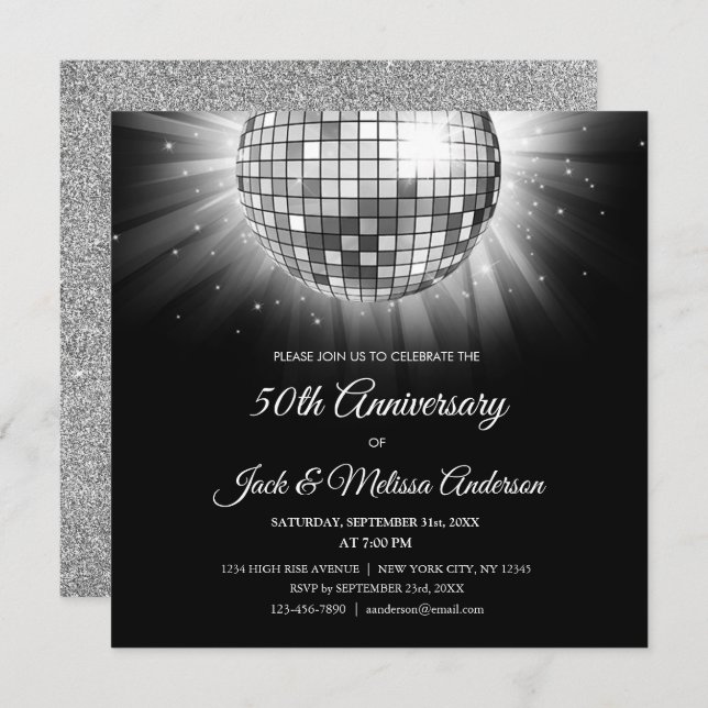 Silver 50th Anniversary Party Disco Ball Invitation (Front/Back)