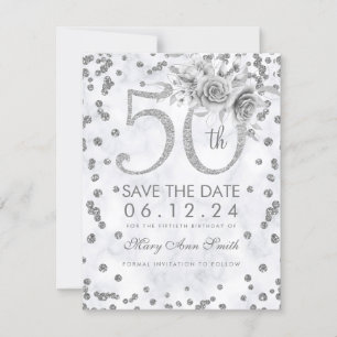 Silver 50th Birthday Glam Lights Marble  Save The Date