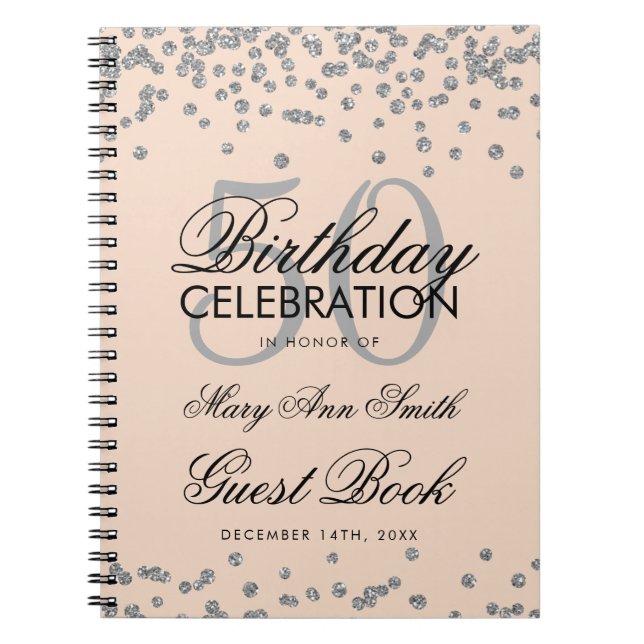 Silver 50th Birthday Guest Book Confetti Blush (Front)