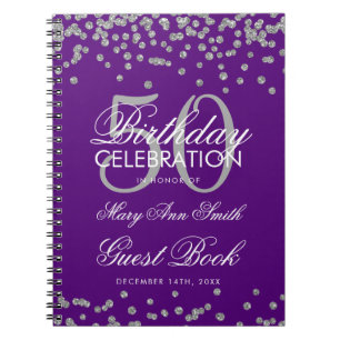 Silver 50th Birthday Guest Book Confetti Purple