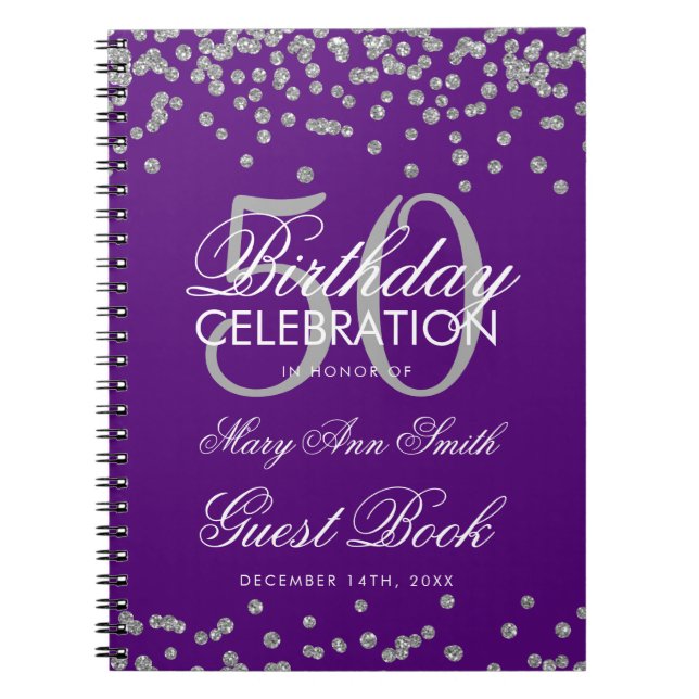 Silver 50th Birthday Guest Book Confetti Purple (Front)