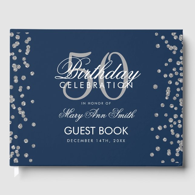 Silver 50th Birthday Party Confetti Navy Blue Guest Book (Front)