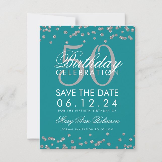 Silver 50th Birthday Save Date Confetti Teal Save The Date (Front)