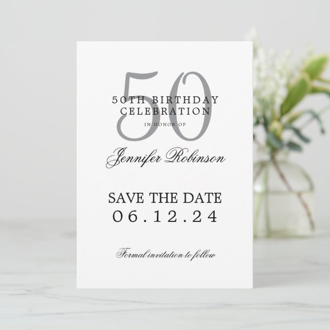 Silver 50th Birthday Save the Date  Invitation (Standing Front)