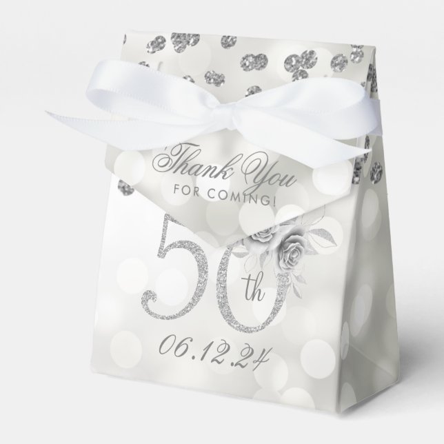 Silver 50th Birthday Thank You Floral Lights  Favour Box (Front Side)