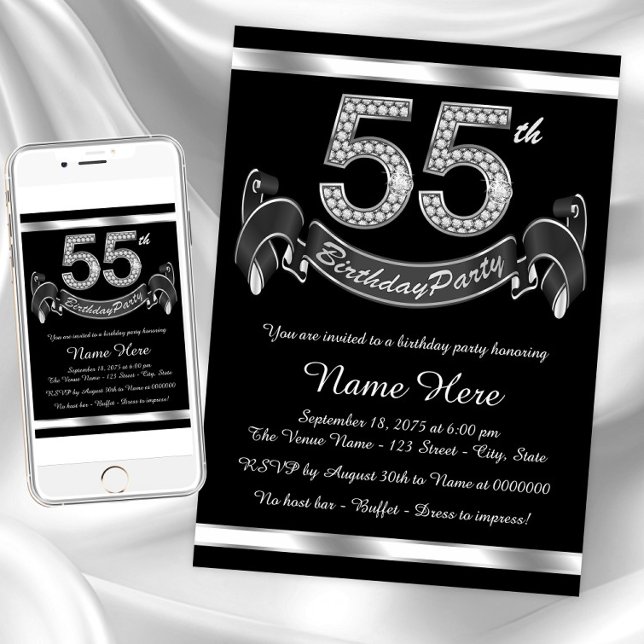 Silver 55th Birthday Party Invitation (Classy 55th birthday party invitation. Instant download and printed invitations available.)