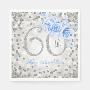 Silver 60th Birthday Blue Floral Glam Lights  Napkin
