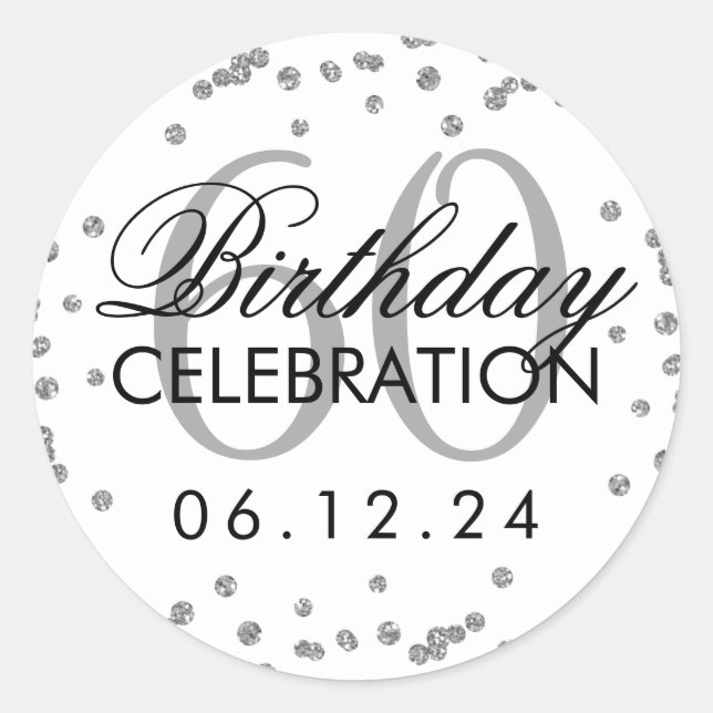 Silver 60th Birthday Faux Glitter Confetti Classic Round Sticker (Front)
