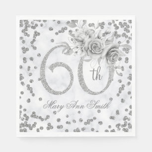 Silver 60th Birthday Floral Glam Marble Napkin