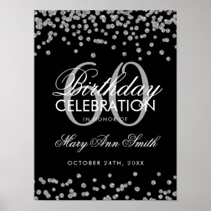 Silver 60th Birthday Glitter Confetti Black Poster