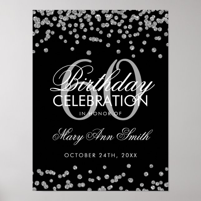 Silver 60th Birthday Glitter Confetti Black Poster (Front)