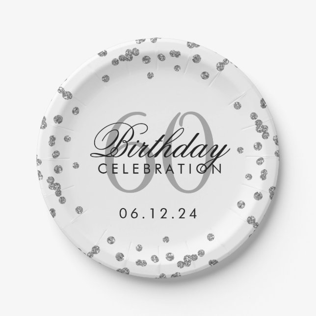 Silver 60th Birthday Glitter Confetti White Paper Plate (Front)