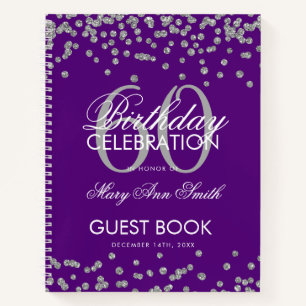 Silver 60th Birthday Guestbook Confetti Purple Notebook