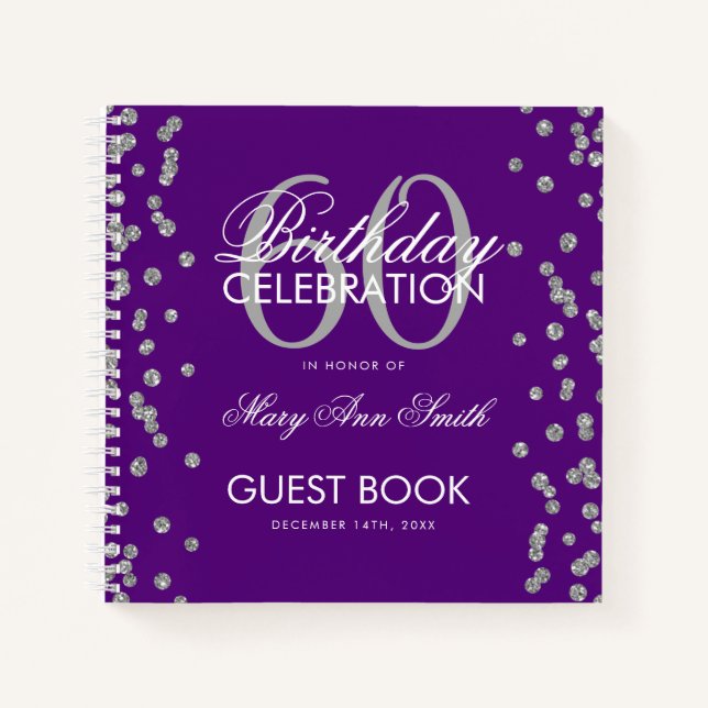 Silver 60th Birthday Guestbook Confetti Purple Notebook (Front)