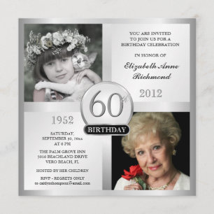 Silver 60th Birthday Invitations Then & Now Photos