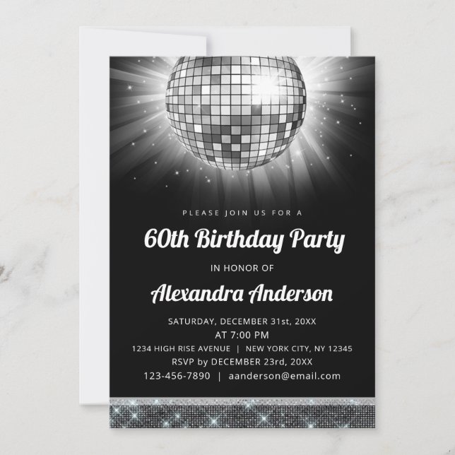 Silver 60th Birthday Party 70's Disco Ball Invitation (Front)
