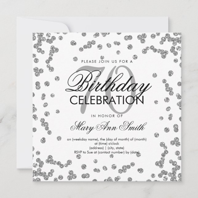 Silver 70th Birthday Elegant Glitter Confetti Invitation (Front)