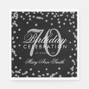 Silver 70th Birthday Glitter Confetti Black Napkin