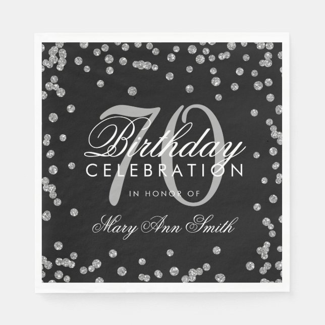 Silver 70th Birthday Glitter Confetti Black Napkin (Front)