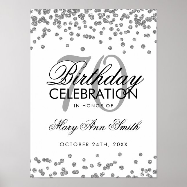 Silver 70th Birthday Glitter Confetti White Poster (Front)