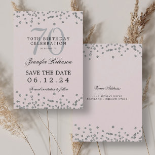 Silver 70th Birthday Save Date Confetti Blush Pink Invitation