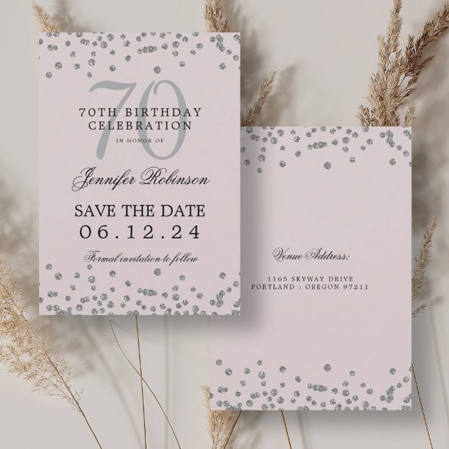 Silver 70th Birthday Save Date Confetti Blush Pink Invitation (Silver 70th Birthday Save Date Confetti Blush Pink Invitation)