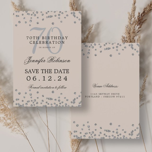 Silver 70th Birthday Save Date Confetti Champagne  Invitation (Silver 70th Birthday Save Date Confetti Champagne Invitation)