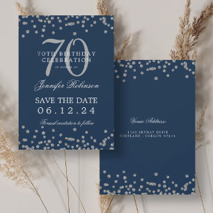 Silver 70th Birthday Save Date Confetti Navy  Invitation