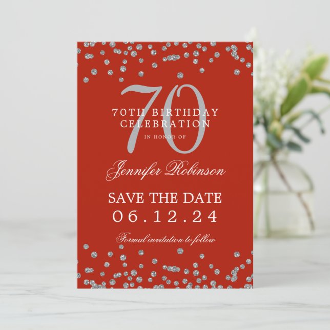 Silver 70th Birthday Save Date Confetti Red  Invitation (Standing Front)