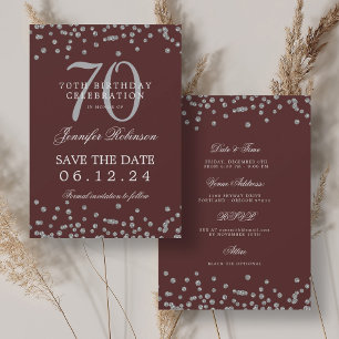 Silver 70th Birthday Save Date Details Burgundy Invitation