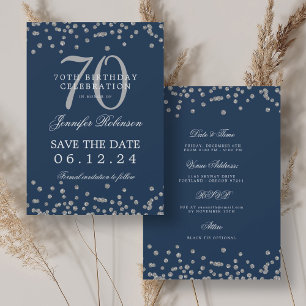 Silver 70th Birthday Save Date Details Navy Invitation