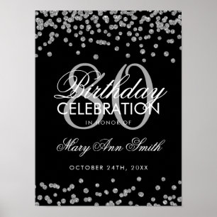 Silver 80th Birthday Glitter Confetti Black Poster