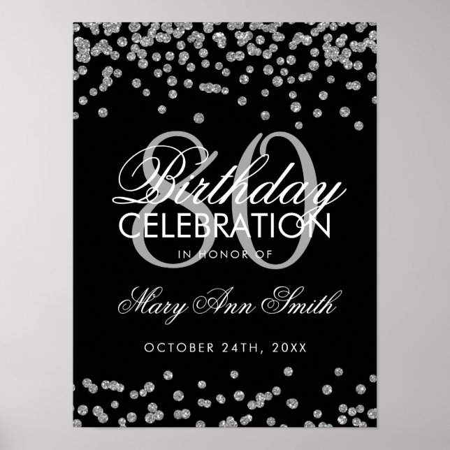 Silver 80th Birthday Glitter Confetti Black Poster (Front)