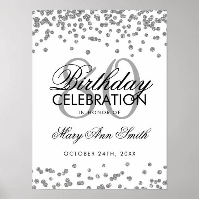 Silver 80th Birthday Glitter Confetti Poster (Front)