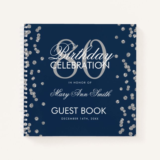 Silver 80th Birthday Guestbook Confetti Navy Blue Notebook (Front)