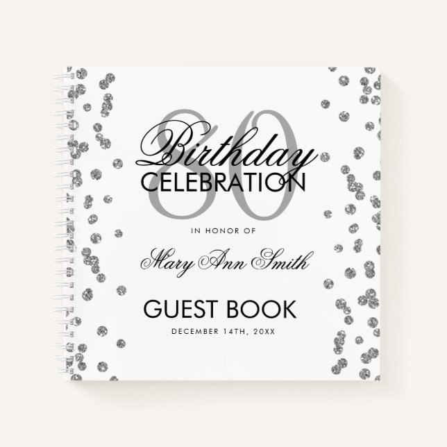 Silver 80th Birthday Guestbook Confetti Notebook (Front)