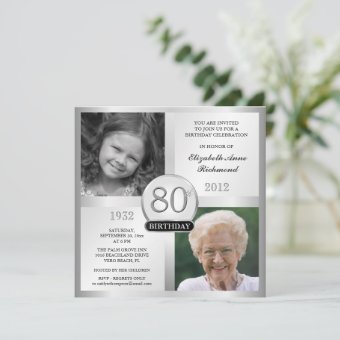 Silver 80th Birthday Invitations Then & Now Photos | Zazzle