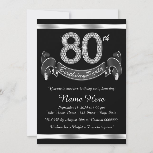Silver 80th Birthday Party Invitation (Front)