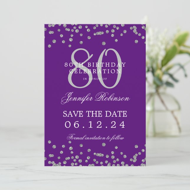 Silver 80th Birthday Save Date Details Purple  Invitation (Standing Front)